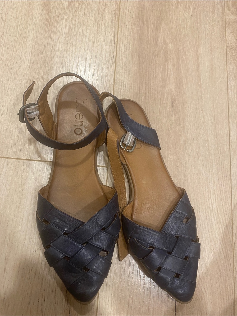 Bueno Black Leather Woven Pointed-Toe Ankle Strap Flats
